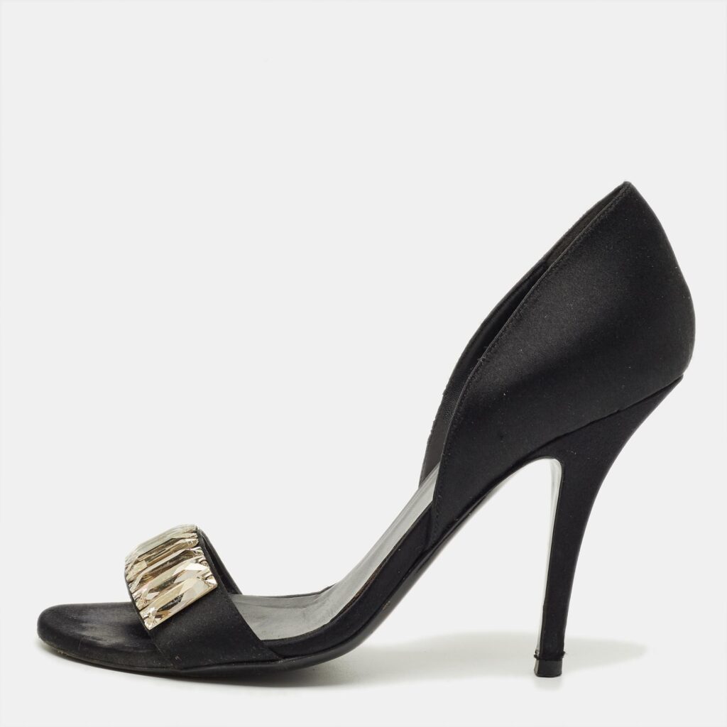 Gucci Crystal Embellished Size 36.5 Black Satin Open Toe D'orsay Pumps