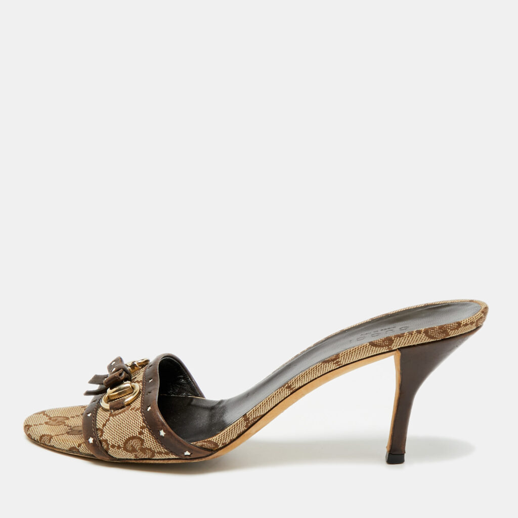 Gucci Horsebit Size 38.5 Brown Canvas and Leather Slide Sandals Gucci Horsebit Size 38.5 Brown Canvas and Leather Slide Sandals
