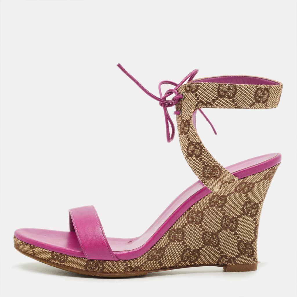 Gucci Size 36 Brown Canvas and Leather Wedge Ankle Strap Sandals Gucci Size 36 Brown Canvas and Leather Wedge Ankle Strap Sandals