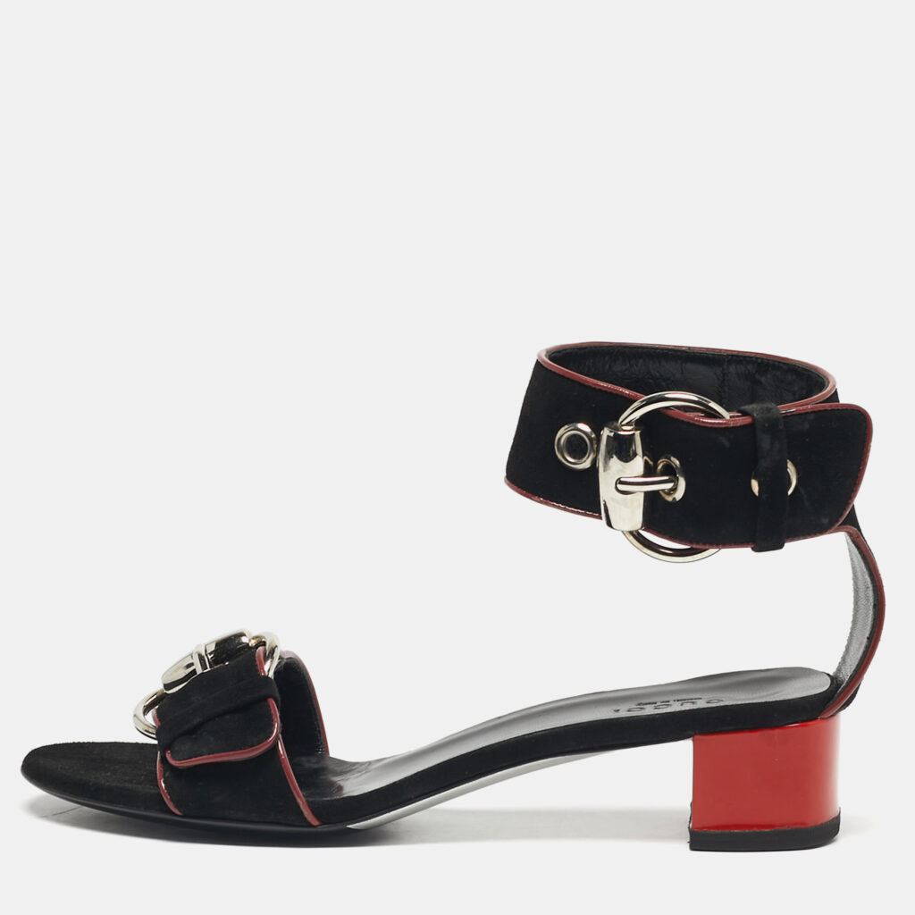 Gucci Size 35.5 Black Leather and Suede Ankle Strap Sandals Gucci Size 35.5 Black Leather and Suede Ankle Strap Sandals