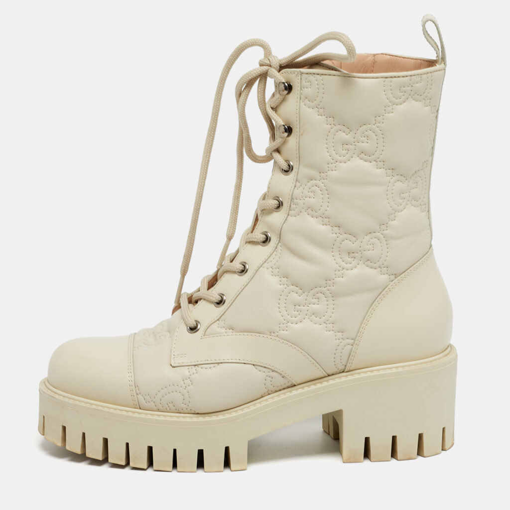 Gucci GG Matelassé Size 38 Cream Leather Ankle Length Boots