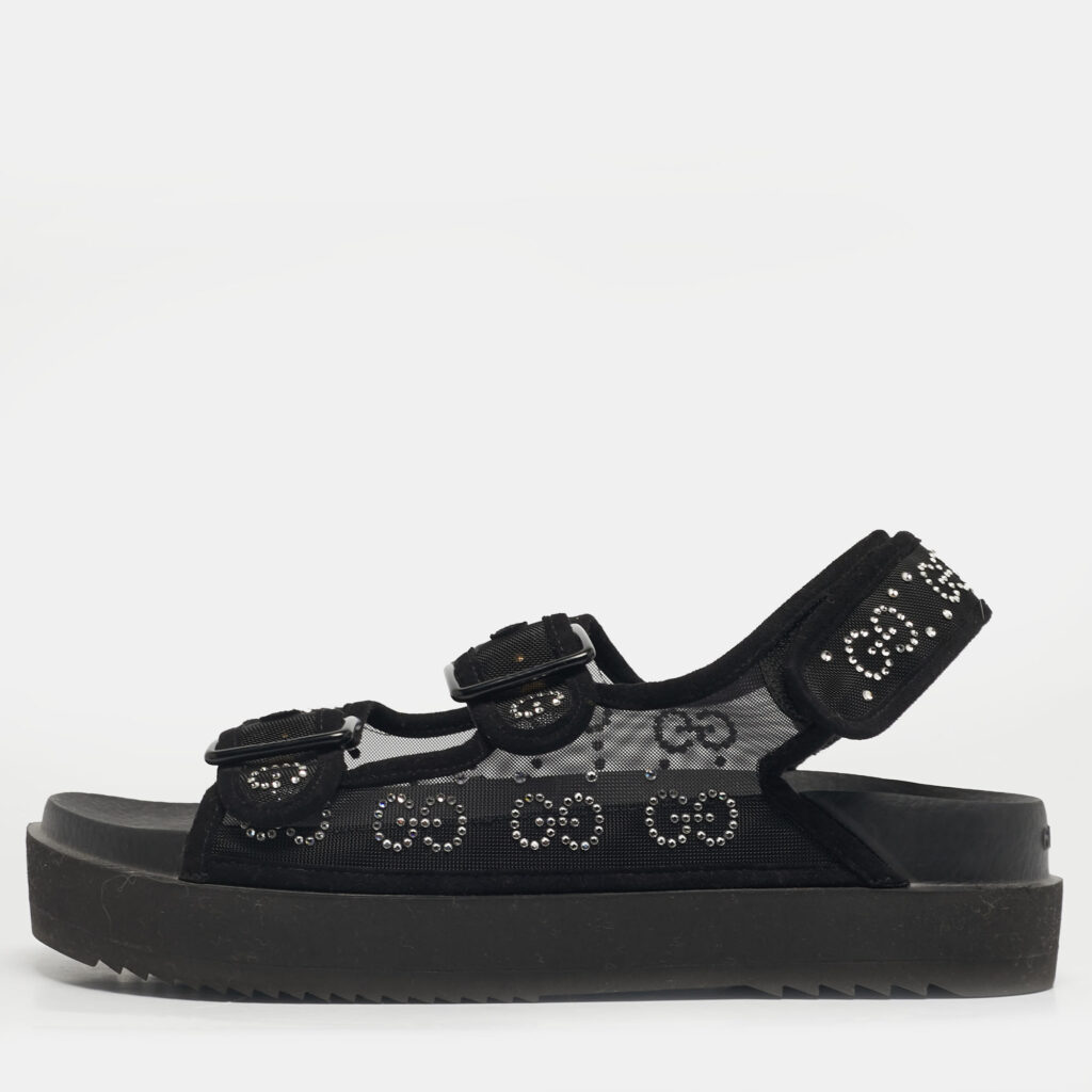 Gucci Size 39 Black Mesh and Suede GG Crystal Embellished Platform Sandals Gucci Size 39 Black Mesh and Suede GG Crystal Embellished Platform Sandals