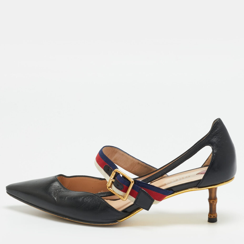 Gucci Sylvie Size 38 Black Leather Pointed Toe Web Unia Mary Jane Pumps Gucci Sylvie Size 38 Black Leather Pointed Toe Web Unia Mary Jane Pumps