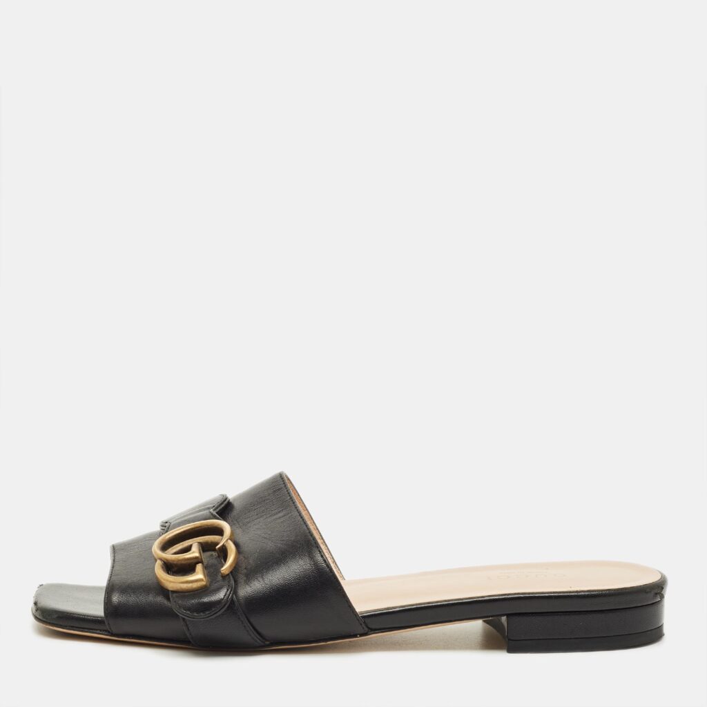 Gucci Interlocking G Size 37 Black Leather Buckle Flat Slide Gucci Interlocking G Size 37 Black Leather Buckle Flat Slide