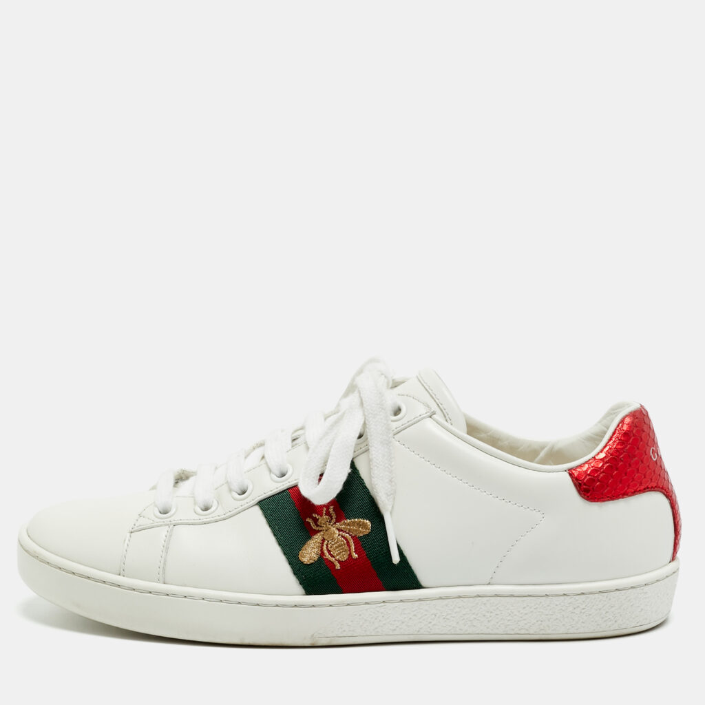 Gucci Ace Size 38 White Leather and Python Embossed Leather Low Top Sneakers Gucci Ace Size 38 White Leather and Python Embossed Leather Low Top Sneakers