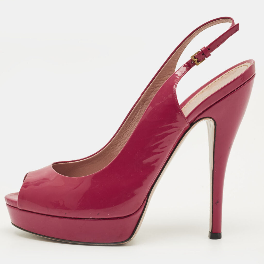 luxury-women-gucci-used-shoes-p1249842-009-1.jpg Gucci Size 39.5 Red Patent Leather Peep Toe Slingback Pumps