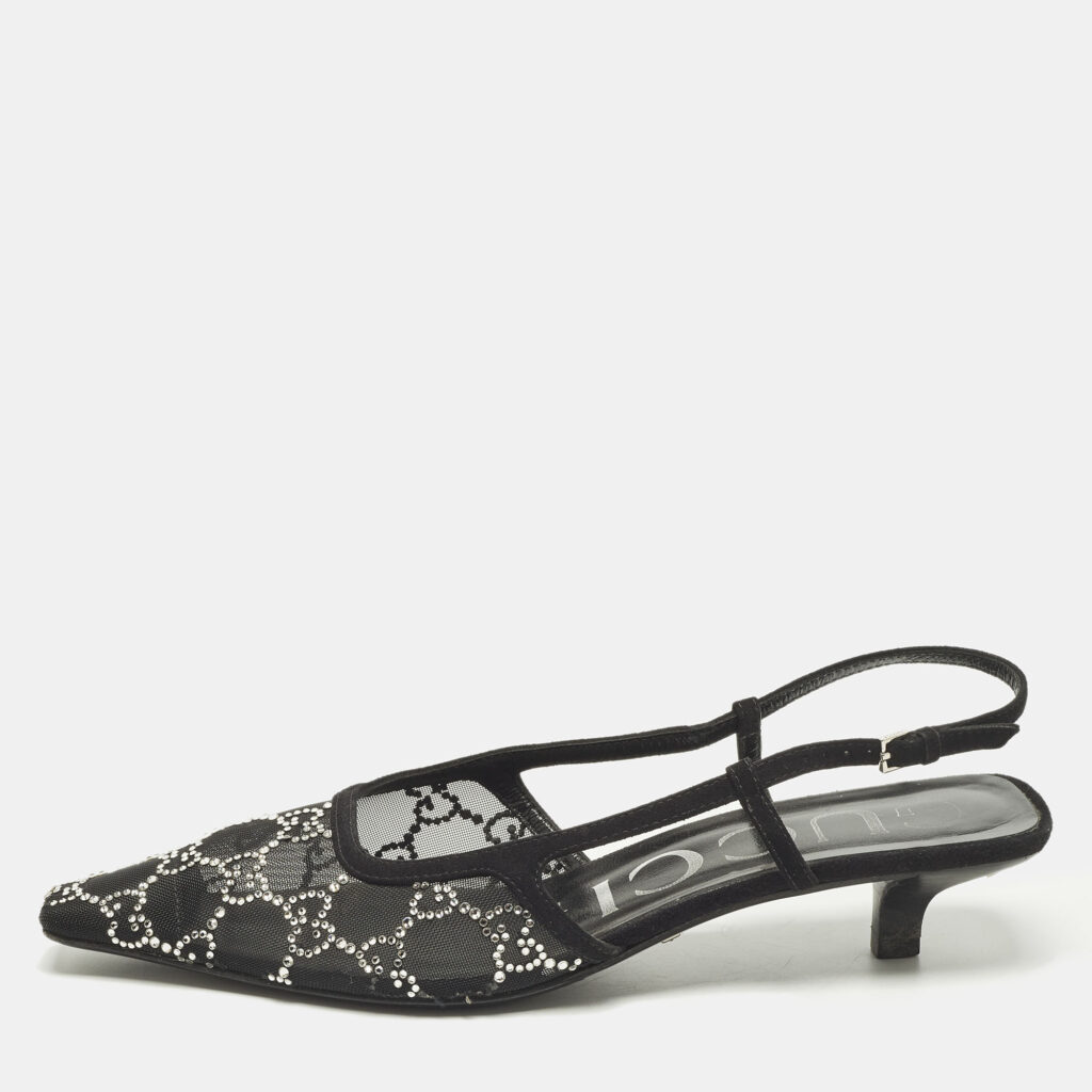 luxury-women-gucci-used-shoes-p1250807-001.jpg Gucci Size 36.5 Black Mesh and Suede Crystal Embellished Slingback Pumps