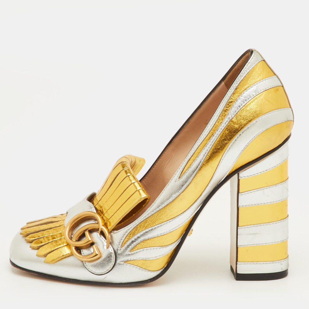 Gucci GG Marmont Size 38 Silver/Gold Fringed Leather Block Heel Pumps