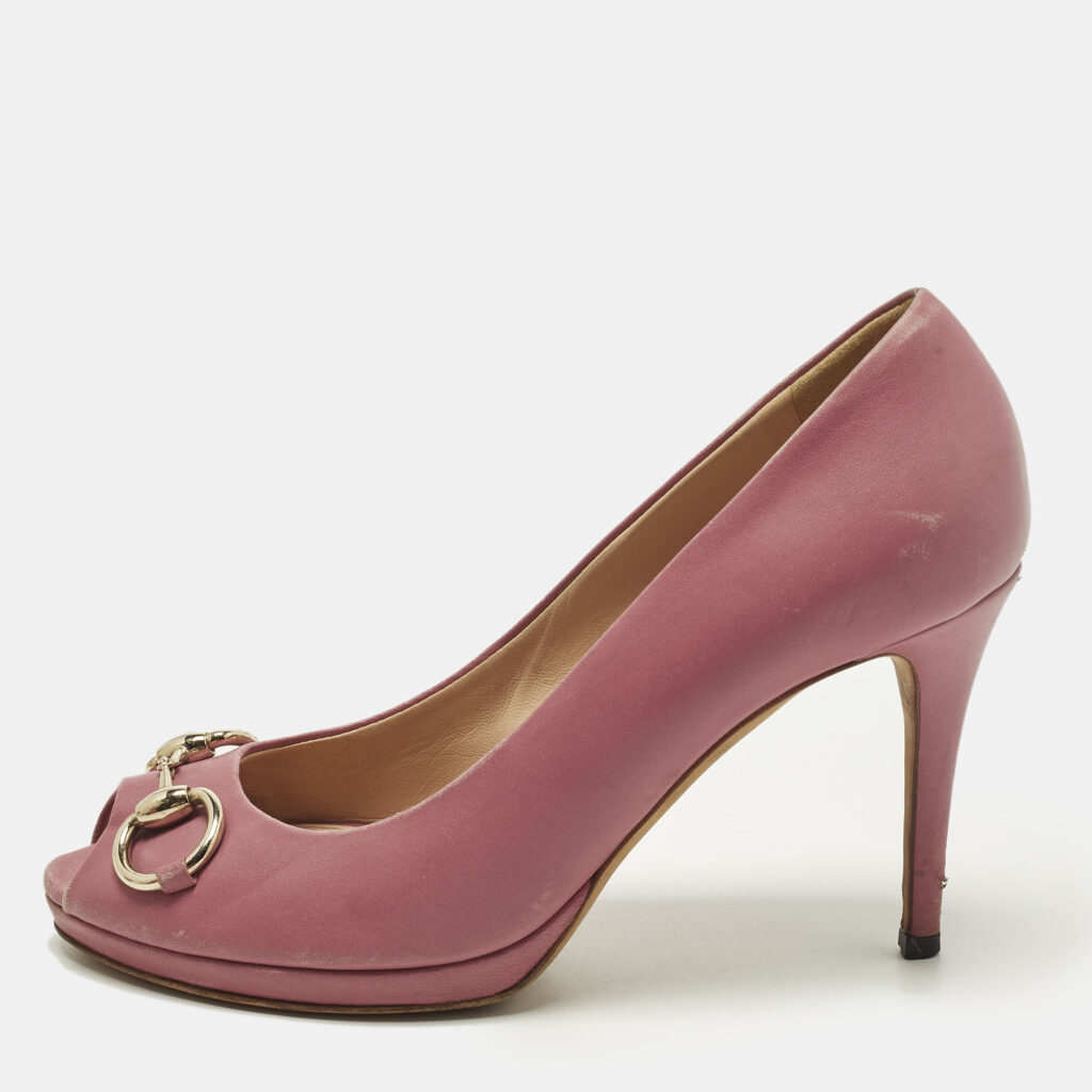 Gucci Horsebit Size 38 Pink Leather Peep Toe Pumps
