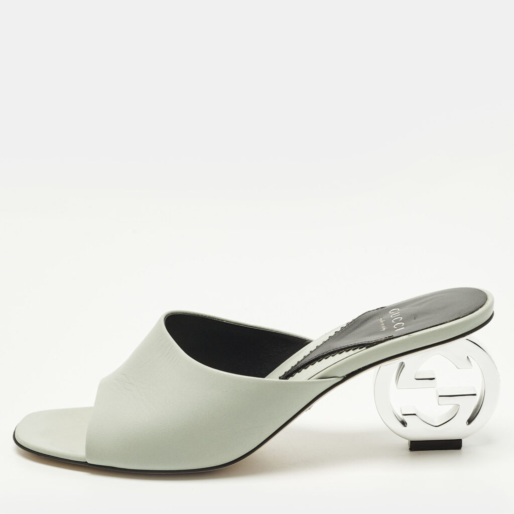Gucci Interlocking G Size 38.5 Mint Green Leather Slide Sandals