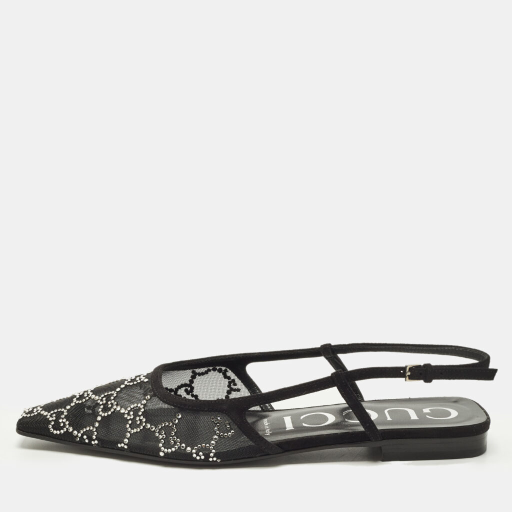 Gucci Size 38 Black Mesh and Suede Crystal Embellished Slingback Flats