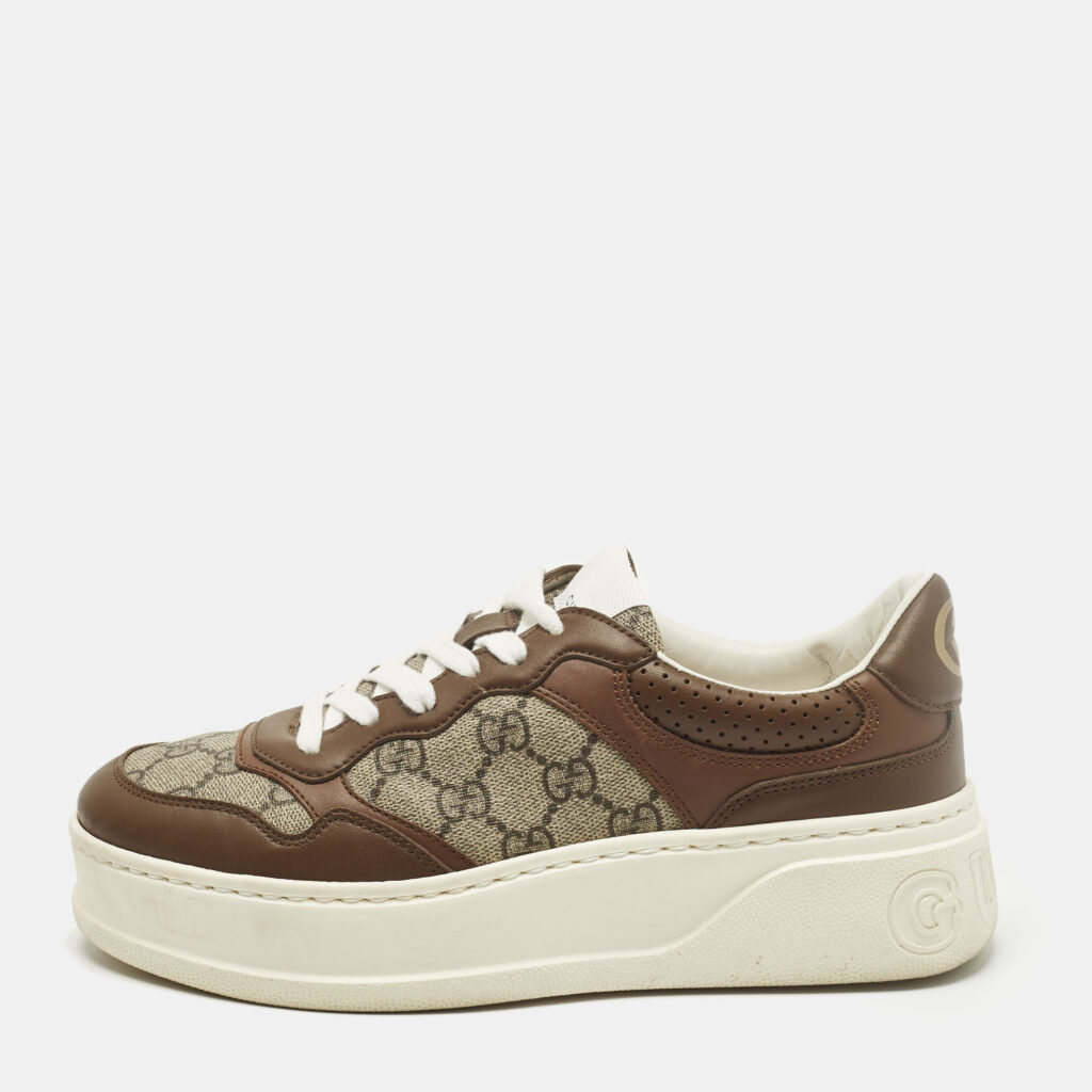 Gucci Chunky B Size 38.5 Brown GG Canvas and Leather Lace Up Sneakers Gucci Chunky B Size 38.5 Brown GG Canvas and Leather Lace Up Sneakers