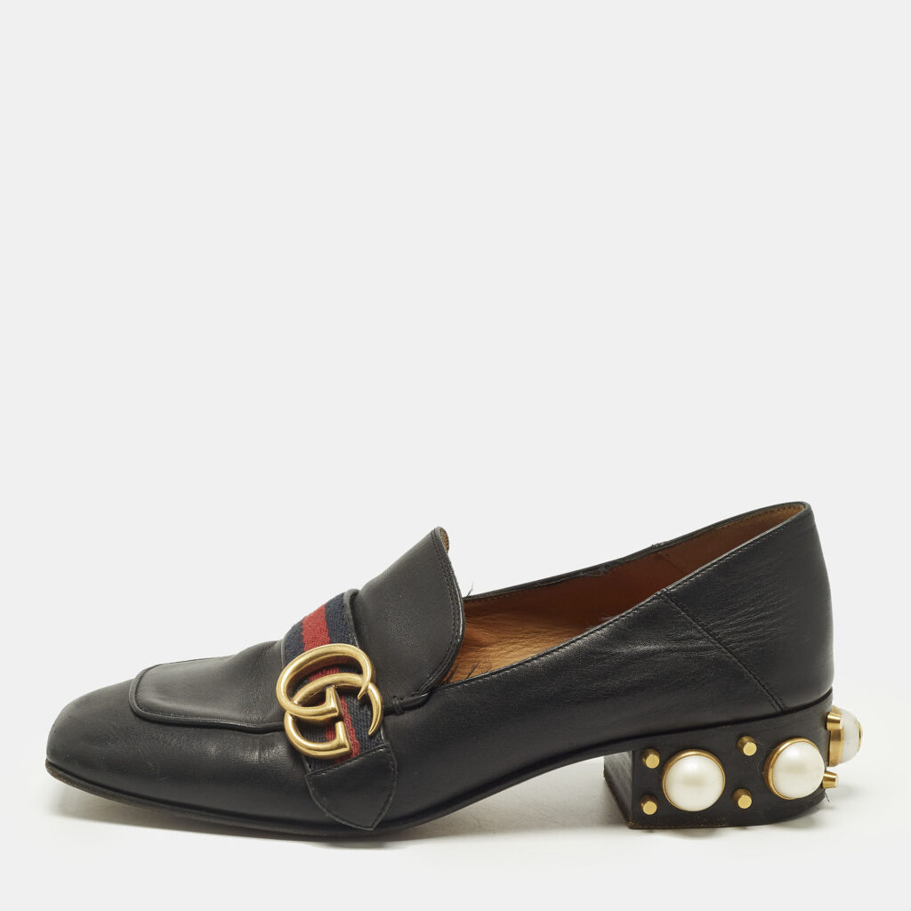 Gucci Double G Size 37 Black Leather Web Loafers Gucci Double G Size 37 Black Leather Web Loafers