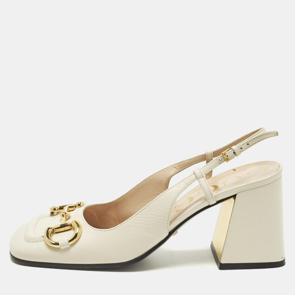 Gucci Horsebit Size 38 Cream Leather Slingback Block Heel Pumps