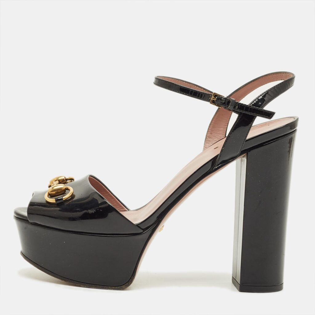 Gucci Claudie Size 38 Black Patent Leather Ankle Strap Sandals