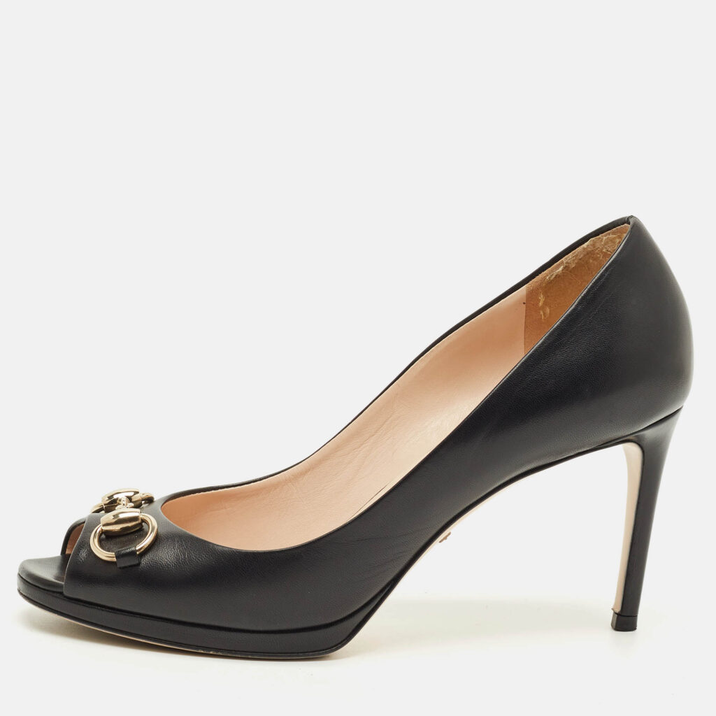 Gucci Horsebit Size 37.5 Black Leather Peep Toe Pumps Gucci Horsebit Size 37.5 Black Leather Peep Toe Pumps