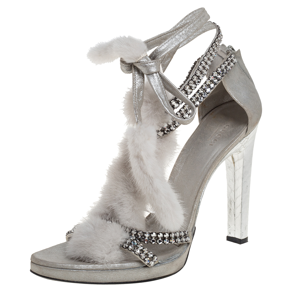 Tom Ford For Gucci Silver Leather And Mink Fur Strappy Ankle Wrap Sandals Size 40.5 Tom Ford For Gucci Silver Leather And Mink Fur Strappy Ankle Wrap Sandals Size 40.5