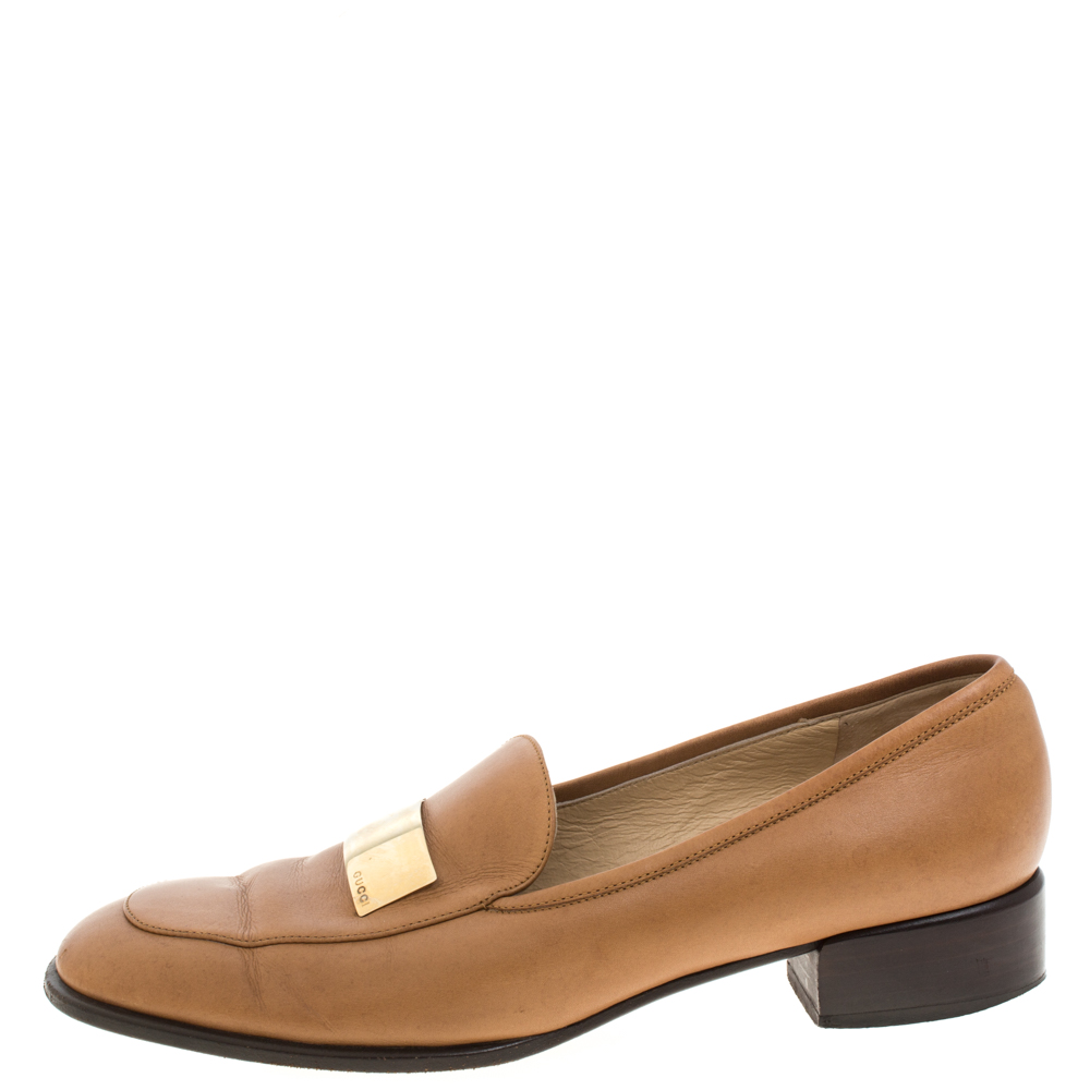 Gucci Brown Leather Gold-Tone Logo Plate Block Heel Loafer Pumps Size 37.5 Gucci Brown Leather Gold-Tone Logo Plate Block Heel Loafer Pumps Size 37.5
