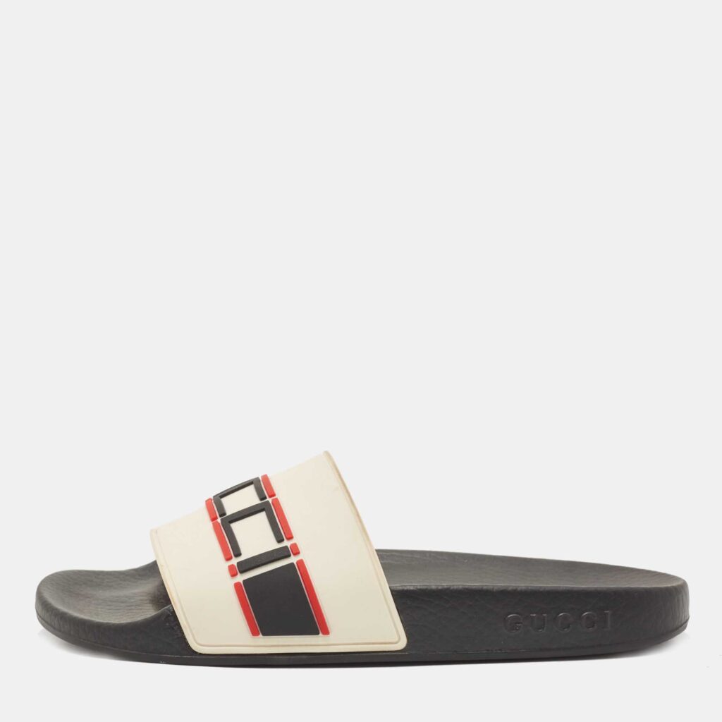 luxury-women-gucci-used-shoes-p811561-003.jpg Gucci Off White Rubber Logo Slides Size 38