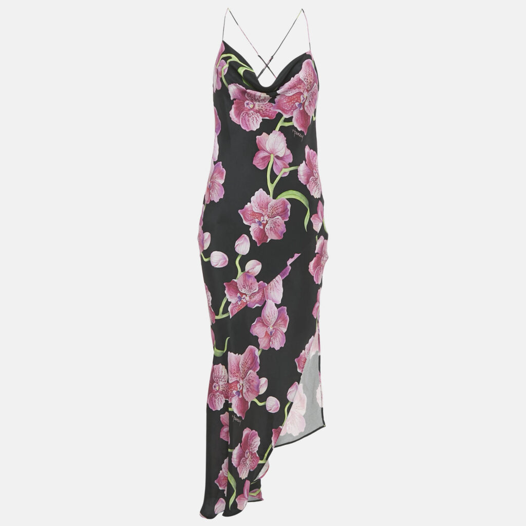 Haney Black Floral Print Silk Cowl Neck Slip Dress M Haney Black Floral Print Silk Cowl Neck Slip Dress M
