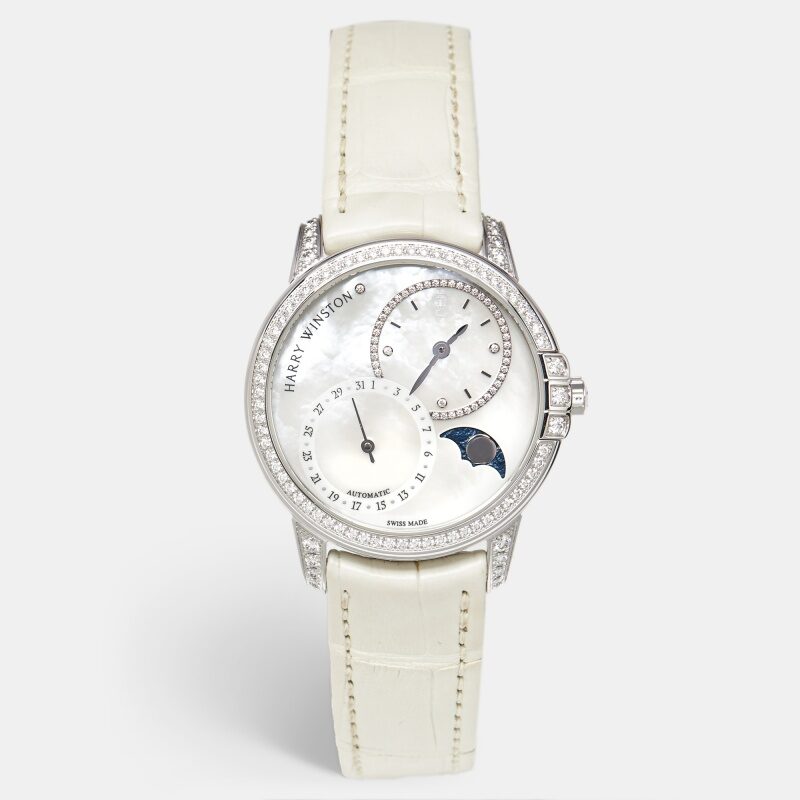 Harry Winston Midnight Date Moon Phase MIDAMP36WW001 Mother Of Pearl Diamond 18K White Gold Alligator Leather Women's Wristwatch 36 mm Harry Winston Midnight Date Moon Phase MIDAMP36WW001 Mother Of Pearl Diamond 18K White Gold Alligator Leather Women's Wristwatch 36 mm
