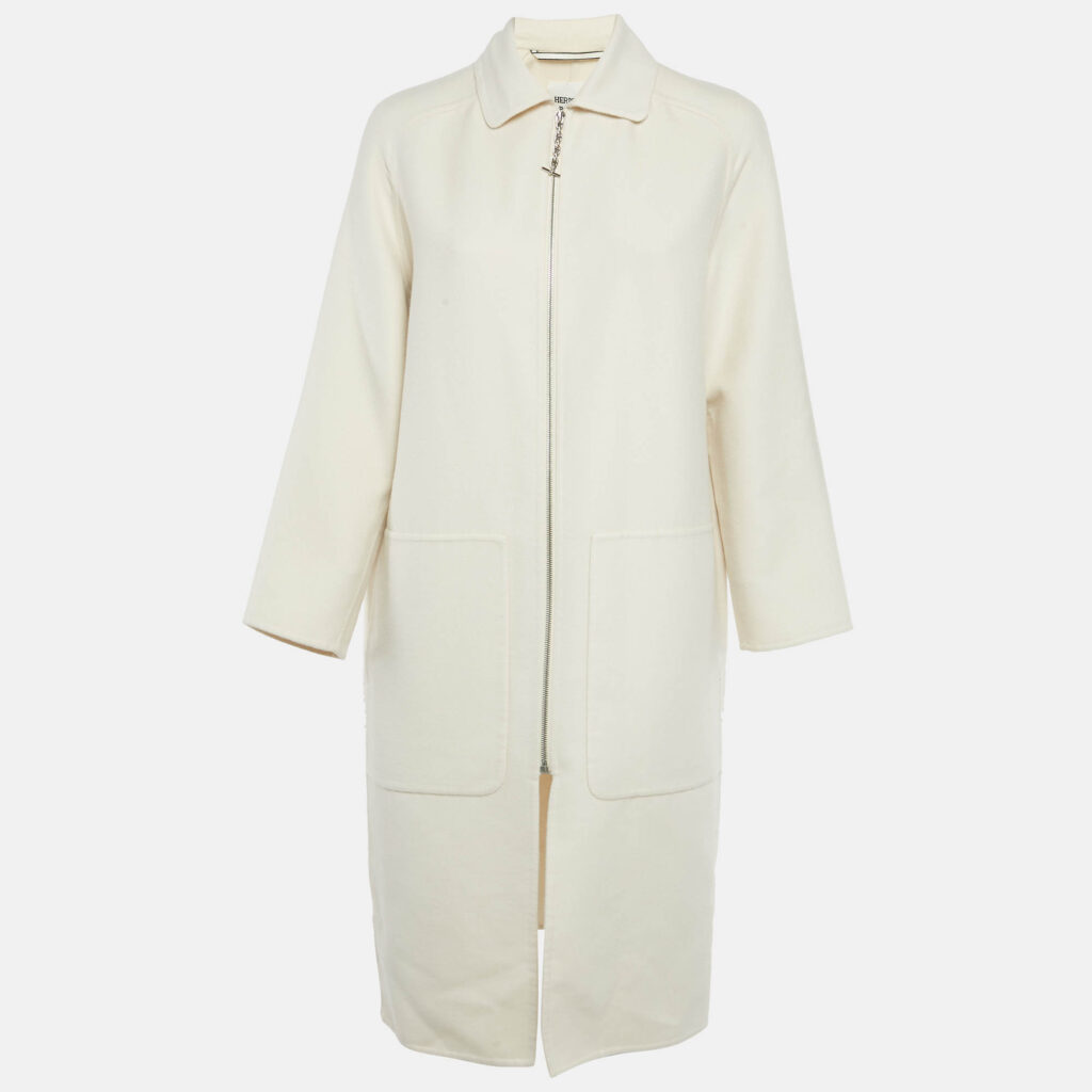 Hermes Cream Cashmere Zip Up Mid Length Coat S