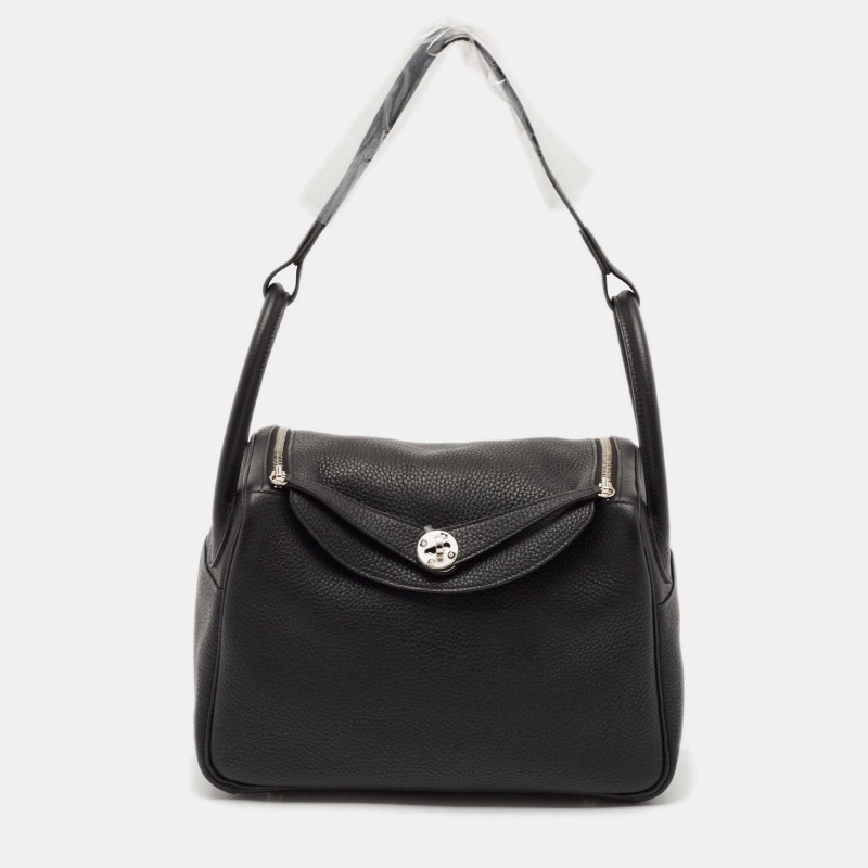 Hermes Noir Taurillon Clemence Leather Palladium Finish Lindy 30 Bag