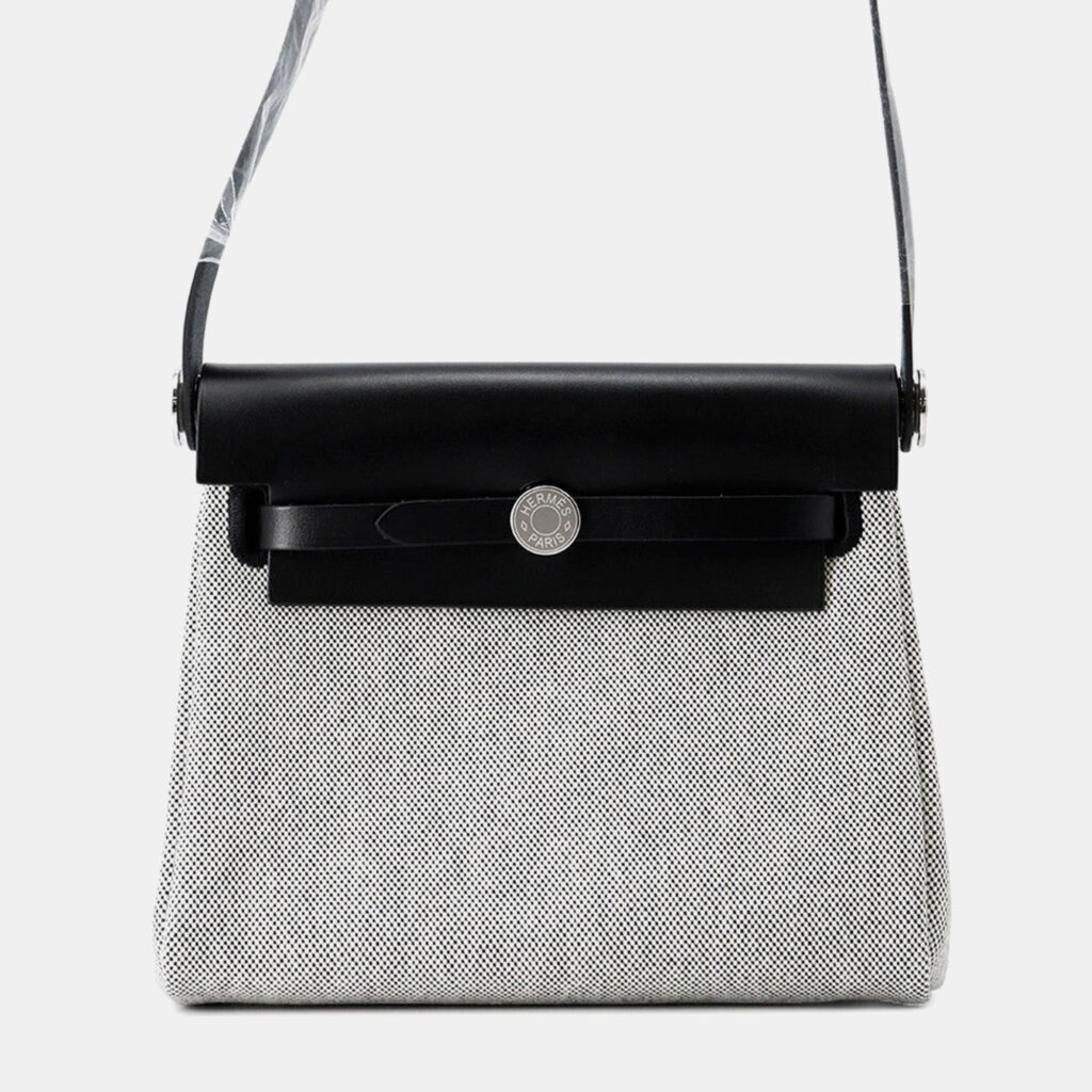 Hermes Herbag Mini Ecru Black Toile Vache Hunter Leather Zip Handbag