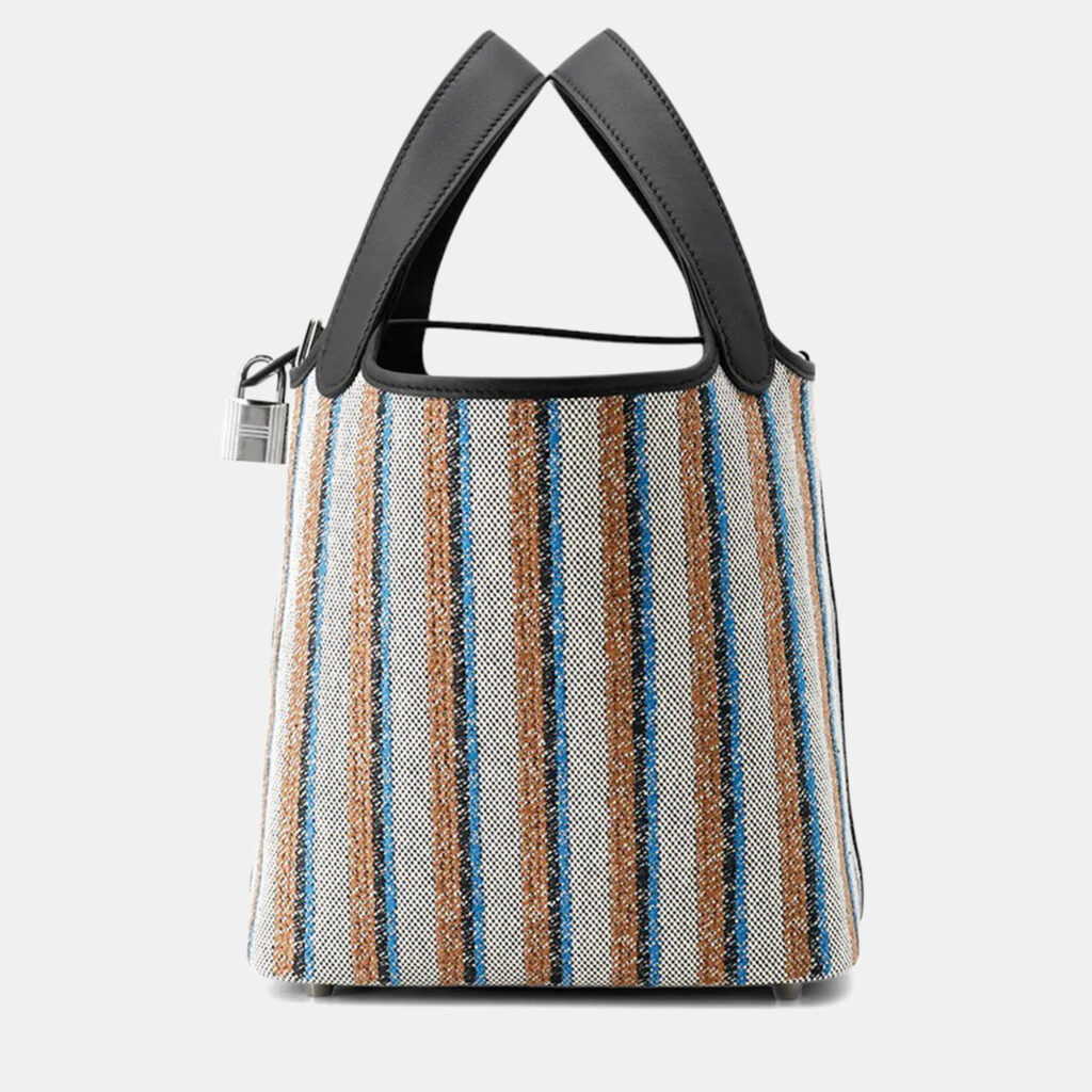 Hermes Picotin Lock 18 Blanket Black /Ecru/Fauve/Blue Zanzibar Toile H Swift Leather Bag Hermes Picotin Lock 18 Blanket Black /Ecru/Fauve/Blue Zanzibar Toile H Swift Leather Bag