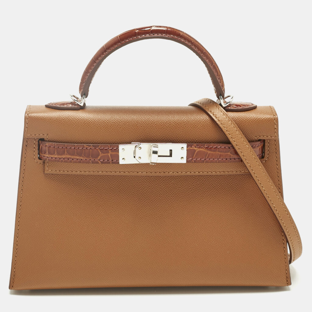 Hermès Gold/Miel Madame Leather and Alligator Palladium Finish Mini Kelly II Sellier Touch 20 Bag Hermès Gold/Miel Madame Leather and Alligator Palladium Finish Mini Kelly II Sellier Touch 20 Bag