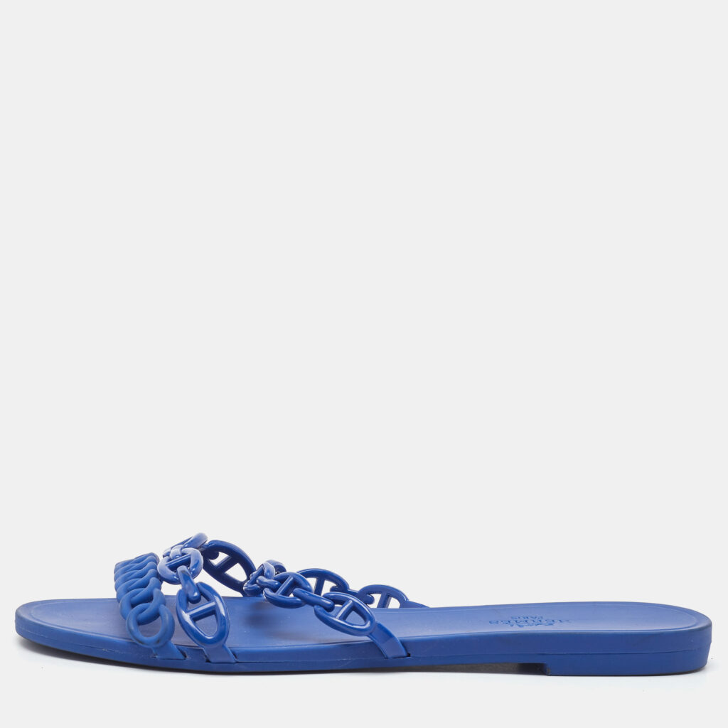 Hermes Blue Rubber Chaine d'Ancre Rivage Flat Slide Sandals Size 39