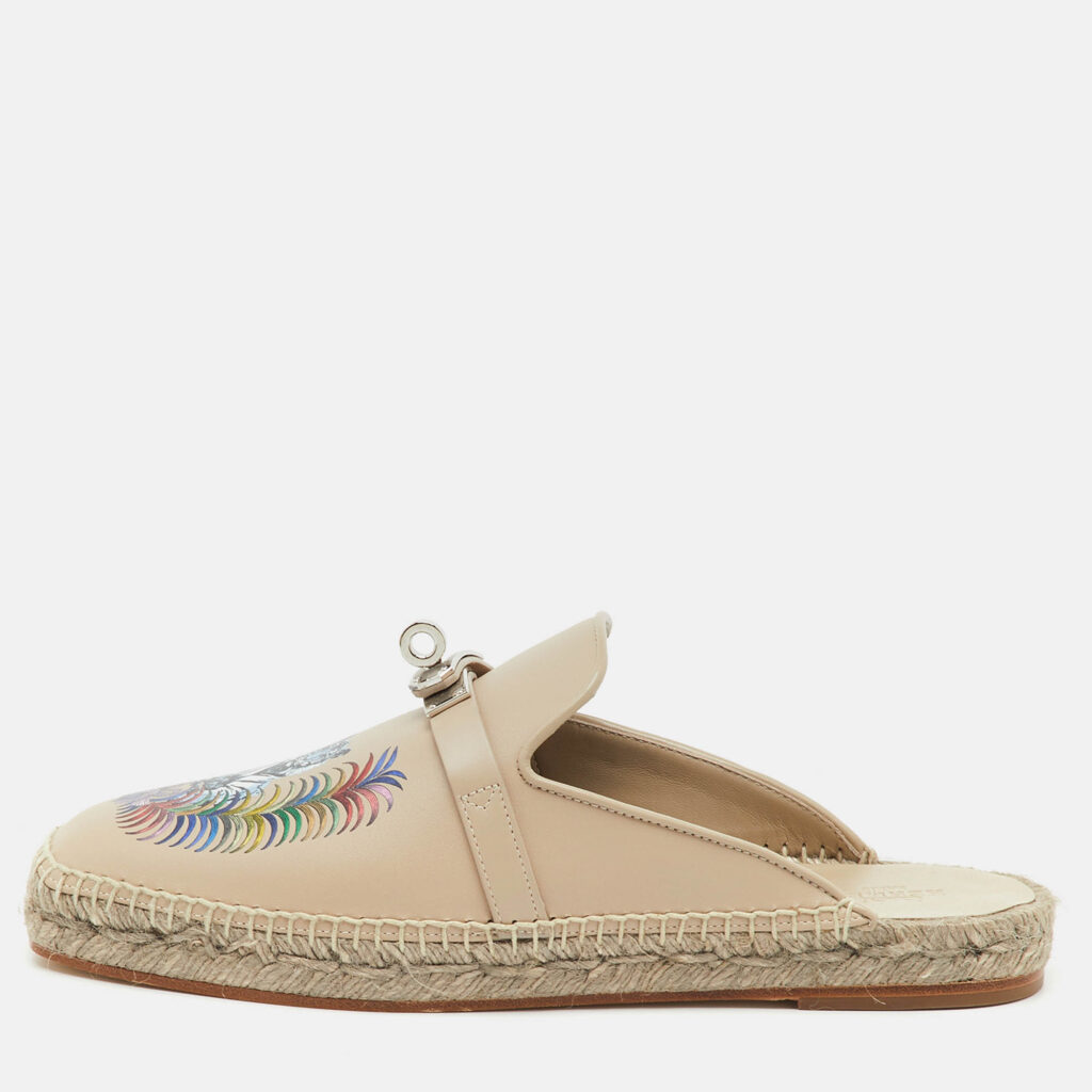 Hermes Cream Leather Tiger Royal Print Oz Mules Size 38