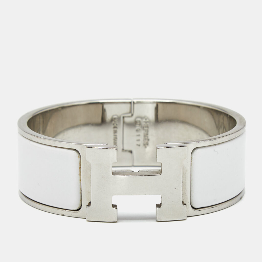 luxury-women-hermes-used-accessories-p1180375-001.jpg Hermes Clic Clac H White Enamel Palladium Plated Bracelet