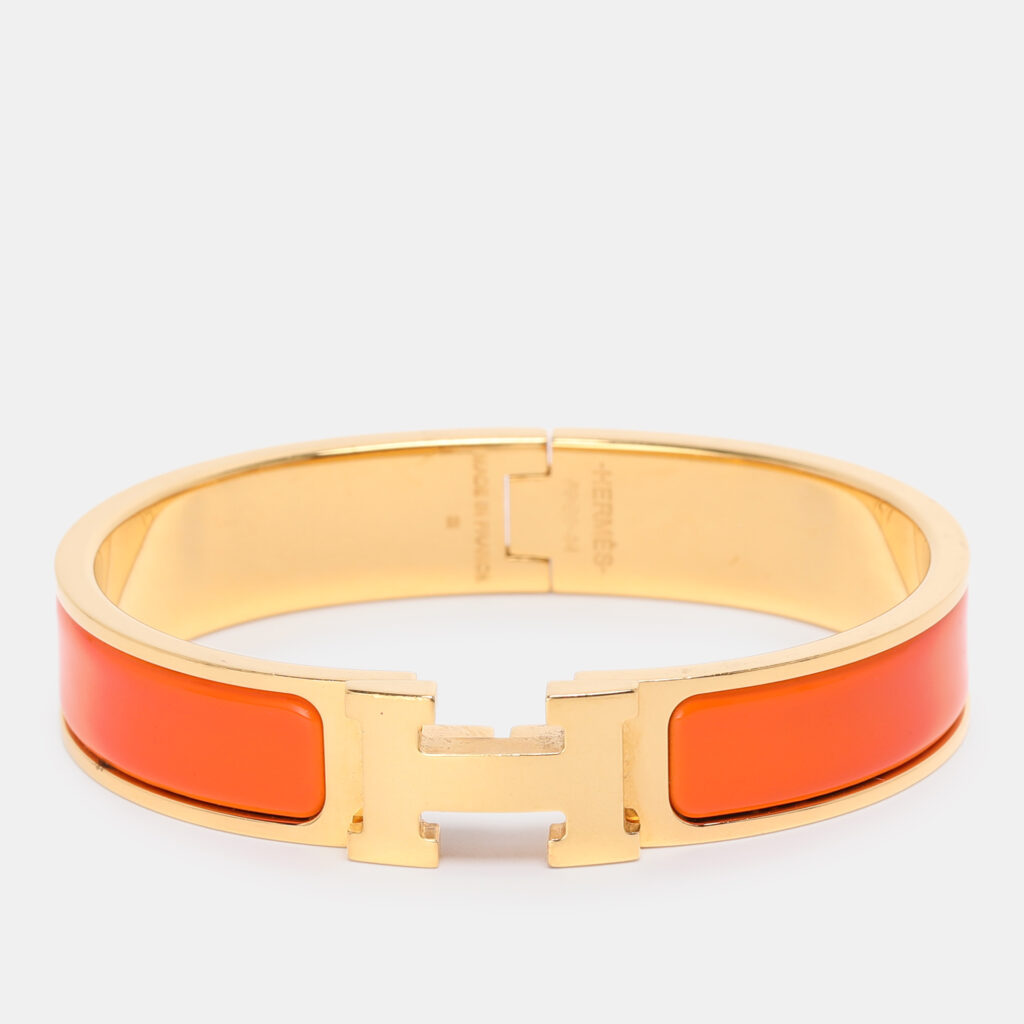 Hermes Clic H Orange Enamel Gold Plated Narrow Bracelet