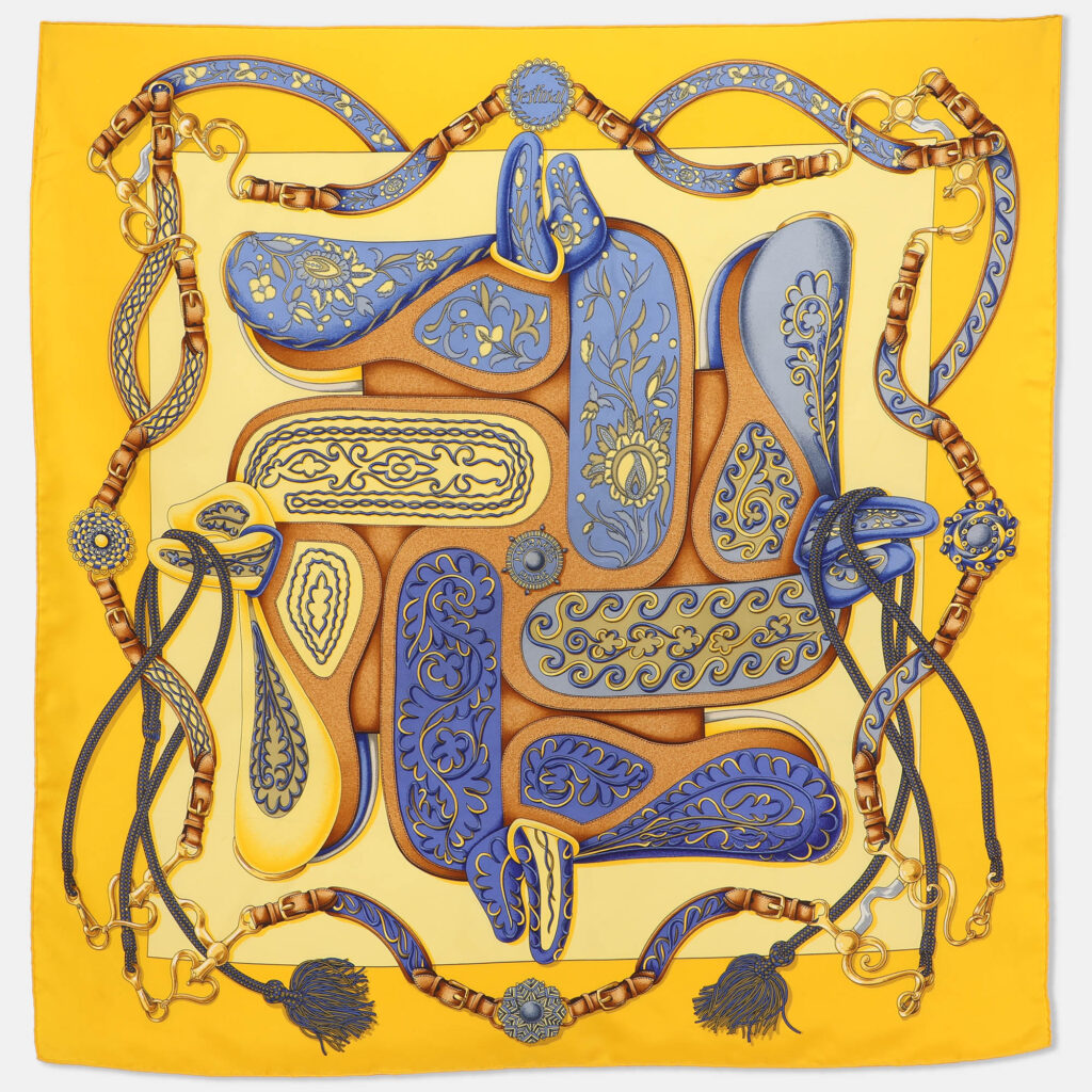 luxury-women-hermes-used-accessories-p1223384-003-1.jpg Hermès Yellow Multicolor Printed Silk Festival Scarf