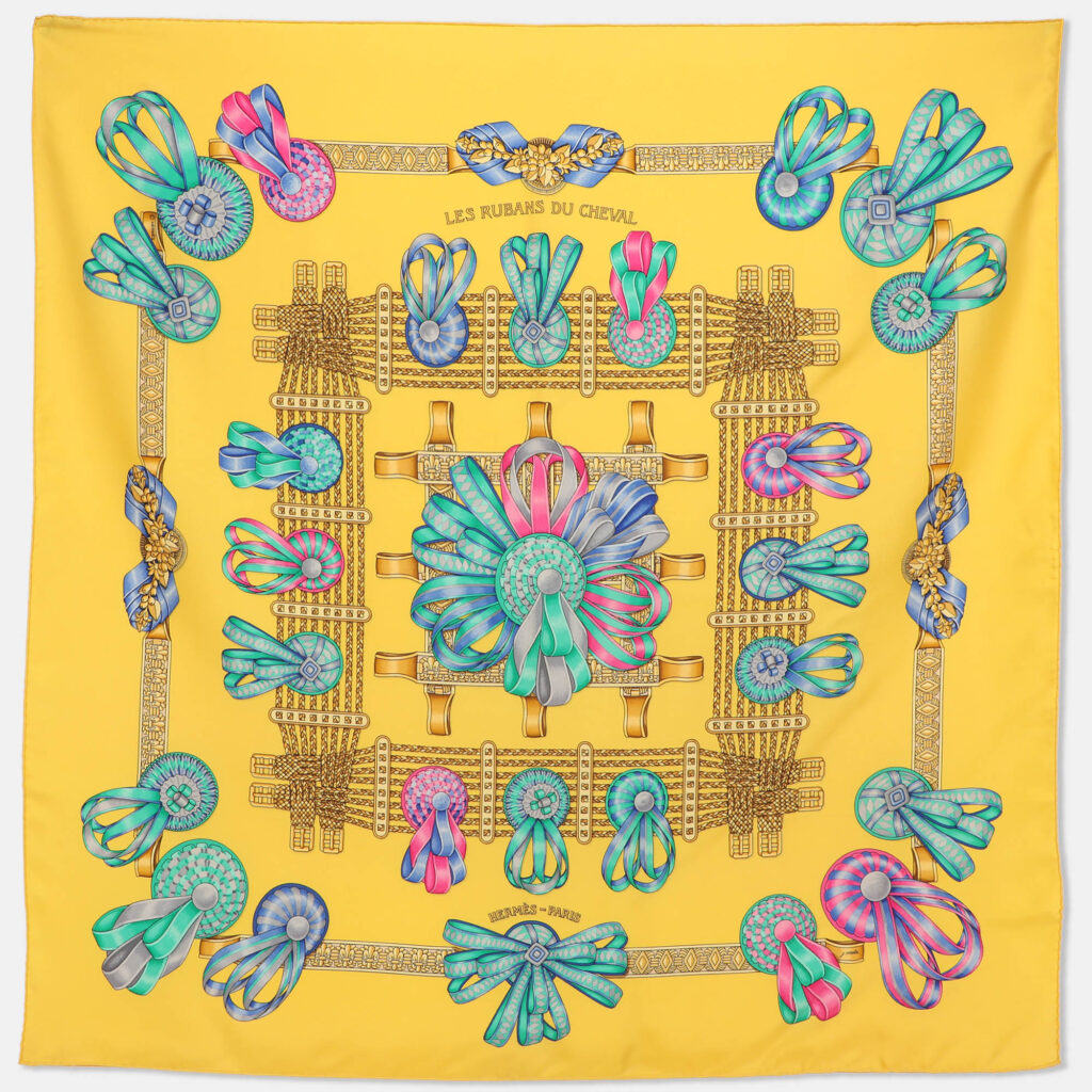 Hermès Yellow Multicolor Printed Silk Les Rubans Du Cheval Scarf Hermès Yellow Multicolor Printed Silk Les Rubans Du Cheval Scarf