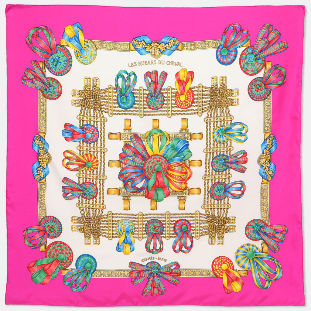 luxury-women-hermes-used-accessories-p1223390-004.jpg Hermes Pink Multicolor Printed Silk Les Rubans Du Cheval Scarf
