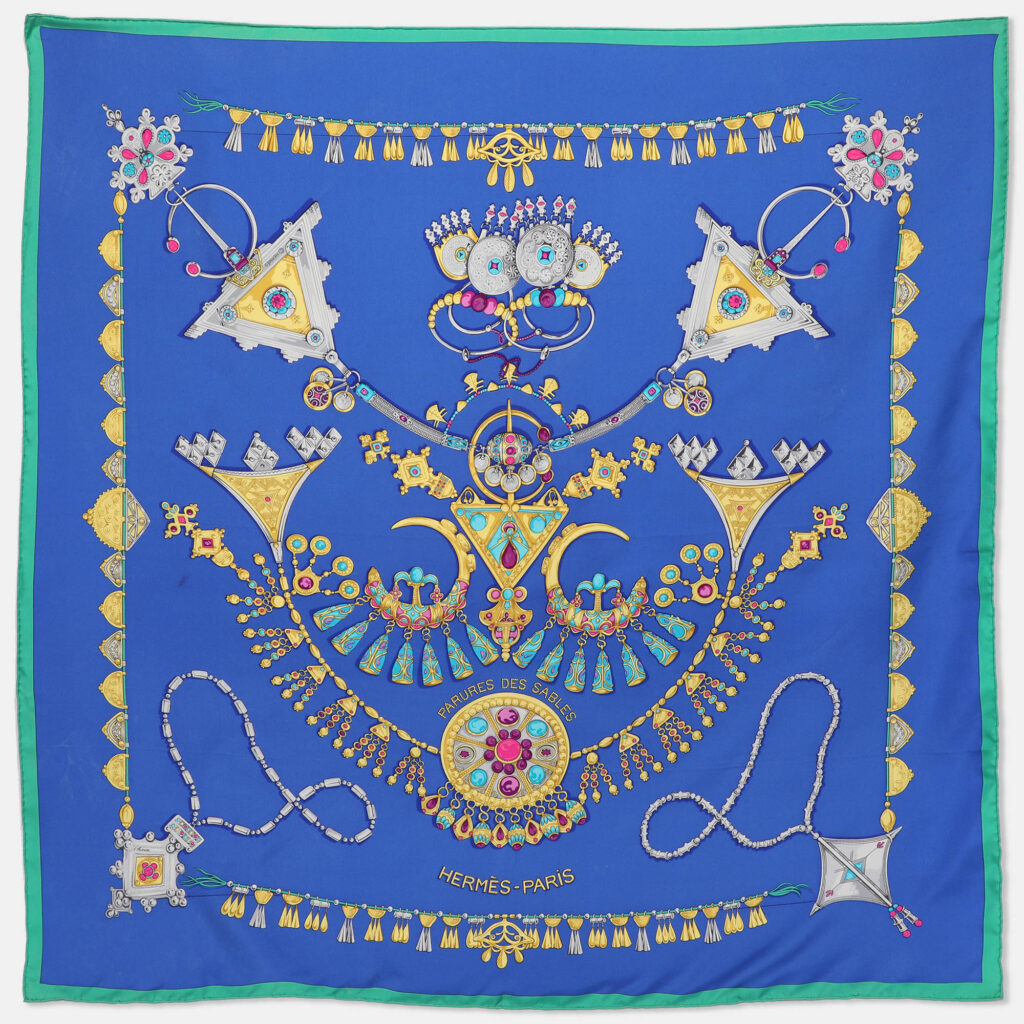 Hermès Blue Multicolor Printed Silk Parures Des Sables Scarf Hermès Blue Multicolor Printed Silk Parures Des Sables Scarf