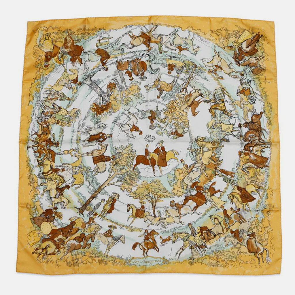 Hermes Carre Les Amazones Lady On Horseback 90 Yellow/Multicolor Silk Scarves Hermes Carre Les Amazones Lady On Horseback 90 Yellow/Multicolor Silk Scarves
