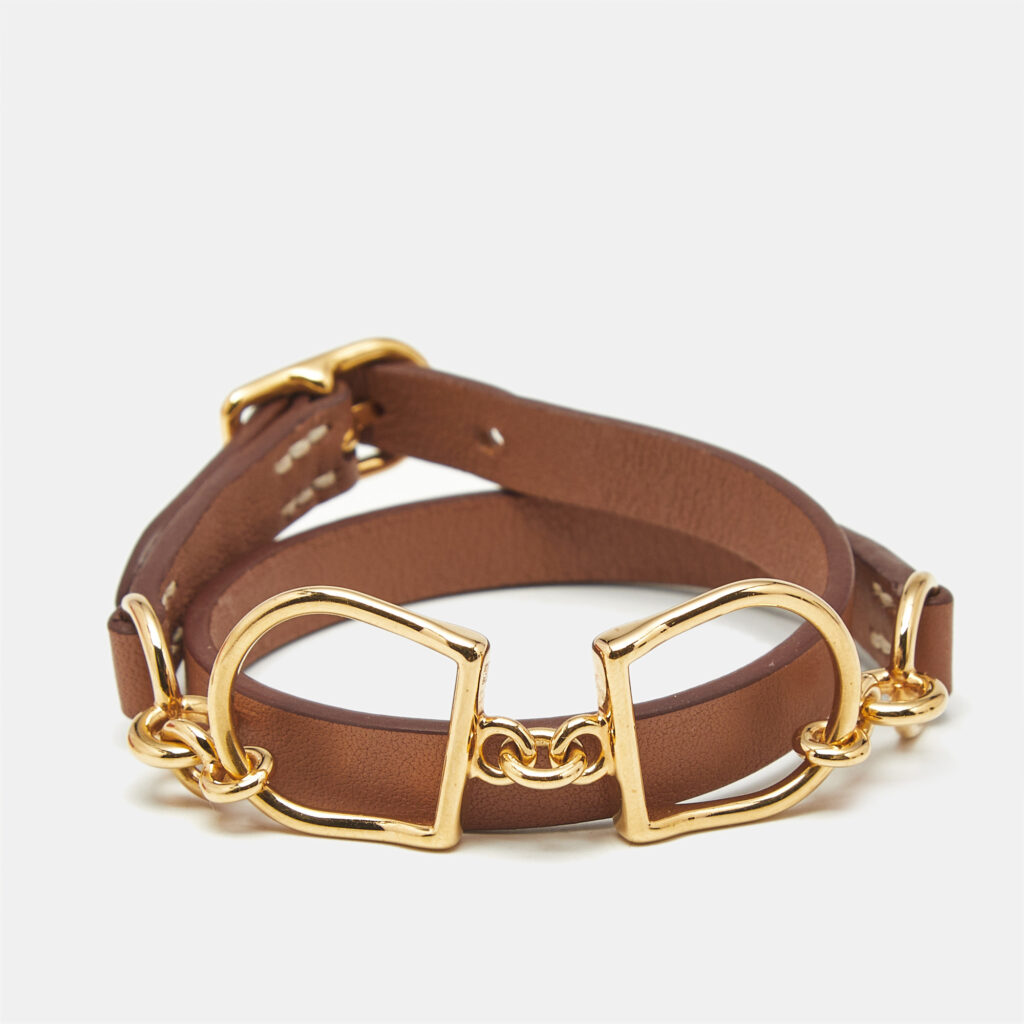 luxury-women-hermes-used-accessories-p1237246-002-1.jpg Hermès Etrier Double Brown Leather Gold Tone Tour Bracelet