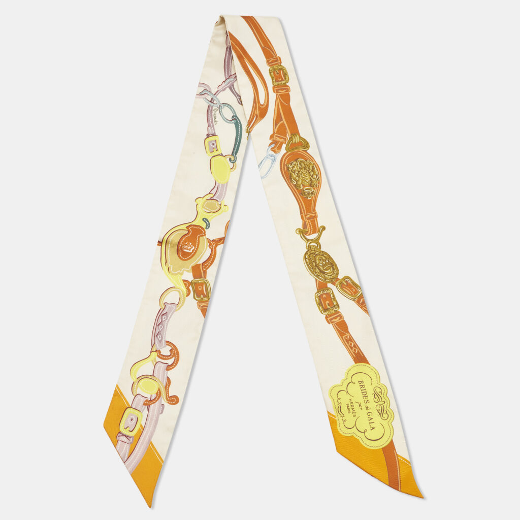 Hermès Crème/Orange Silk Brides de Gala Applique Pique Twilly Hermès Crème/Orange Silk Brides de Gala Applique Pique Twilly