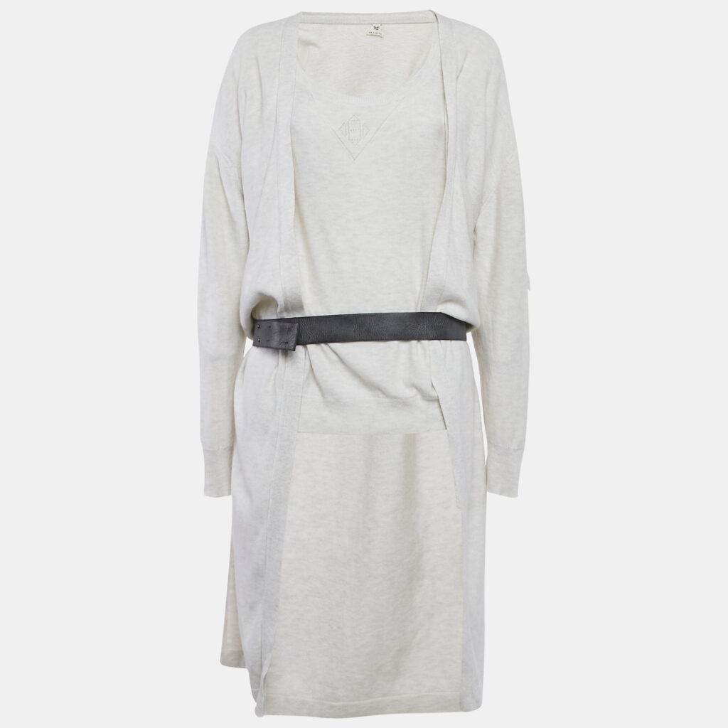 Hermes Beige Cashmere Knit Leather Trim Cardigan and Jumper Set L