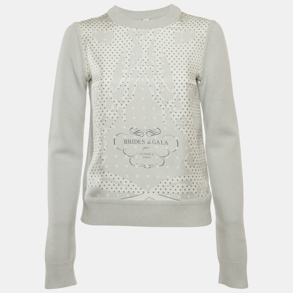 Hermès Light Blue Brides de Gala Print Silk and Wool Blend Twillaine Sweater S