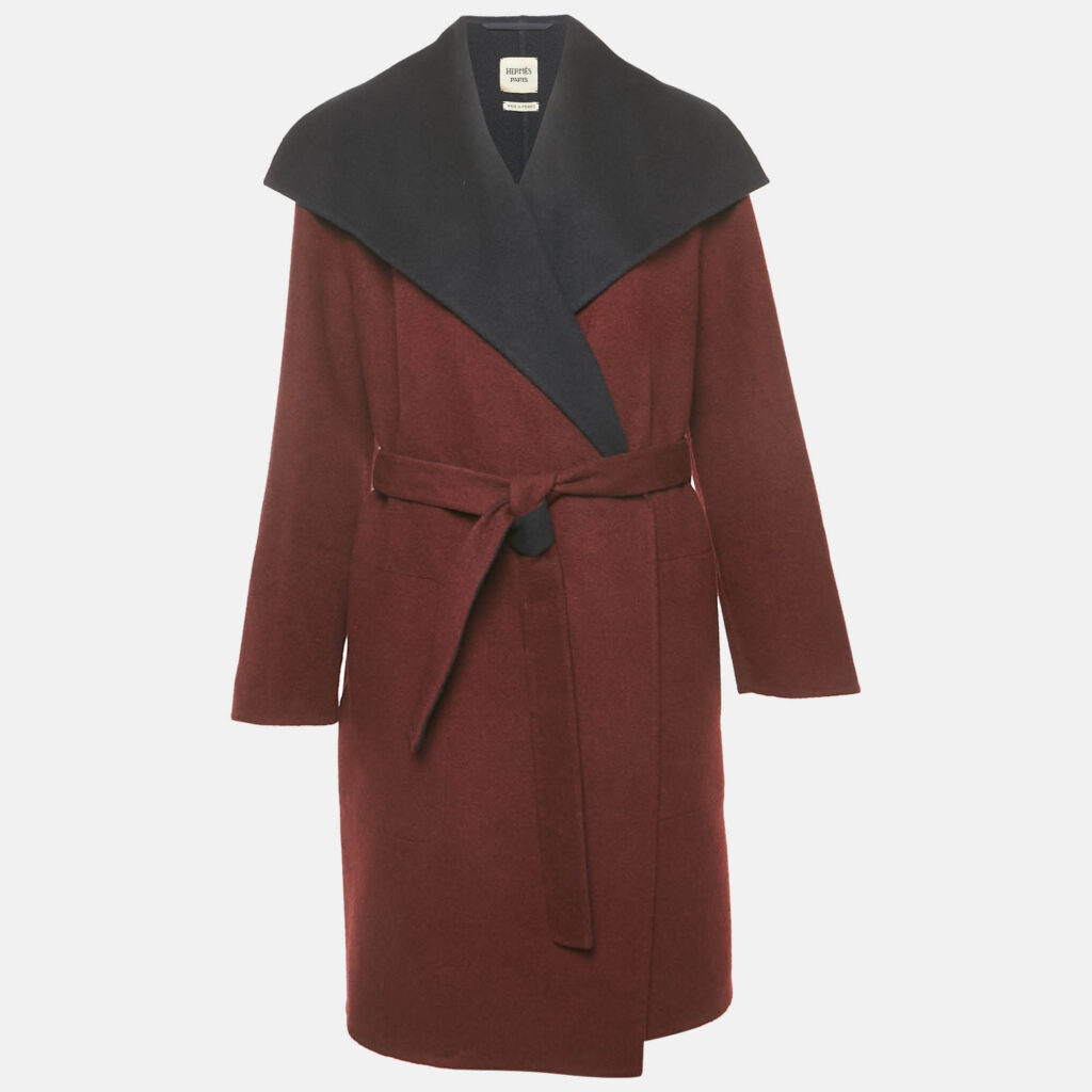 Hermes Burgundy/Blue Cashmere Felt Belted Coat L