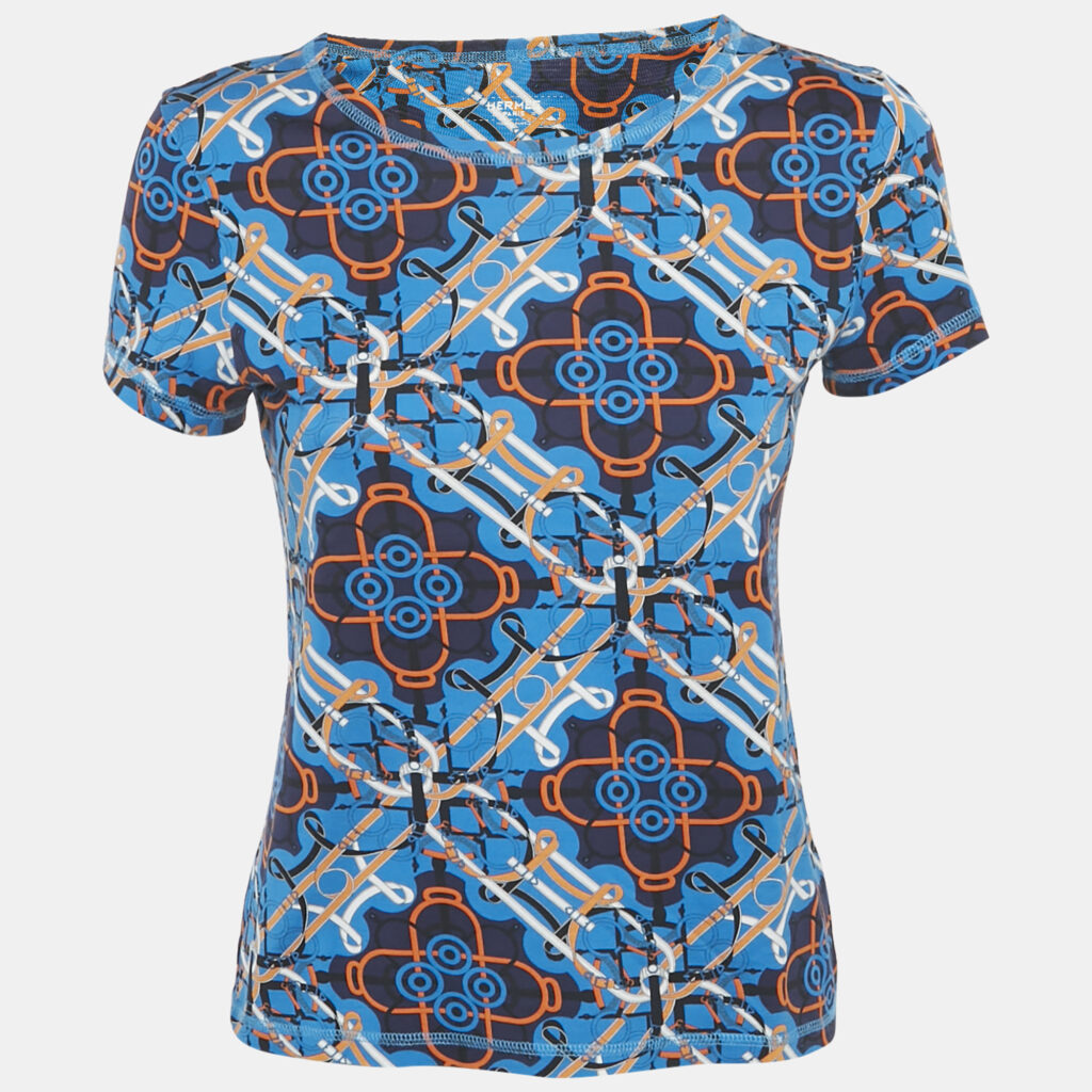 Hermes Blue/Multicolor Printed Cotton Round Neck T-Shirt S Hermes Blue/Multicolor Printed Cotton Round Neck T-Shirt S