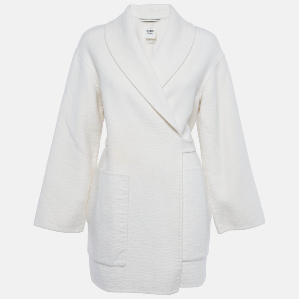 luxury-women-hermes-used-clothes-p1221624-001-1.jpg Hermes White Cashmere Wrap Over Mid Length Coat M
