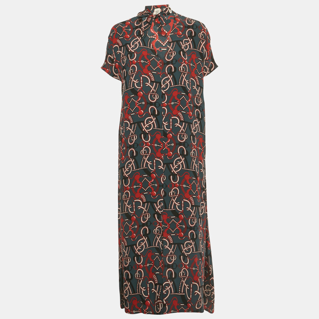 Hermes Grey Printed Silk Neck Tie Midi Dress M Hermes Grey Printed Silk Neck Tie Midi Dress M