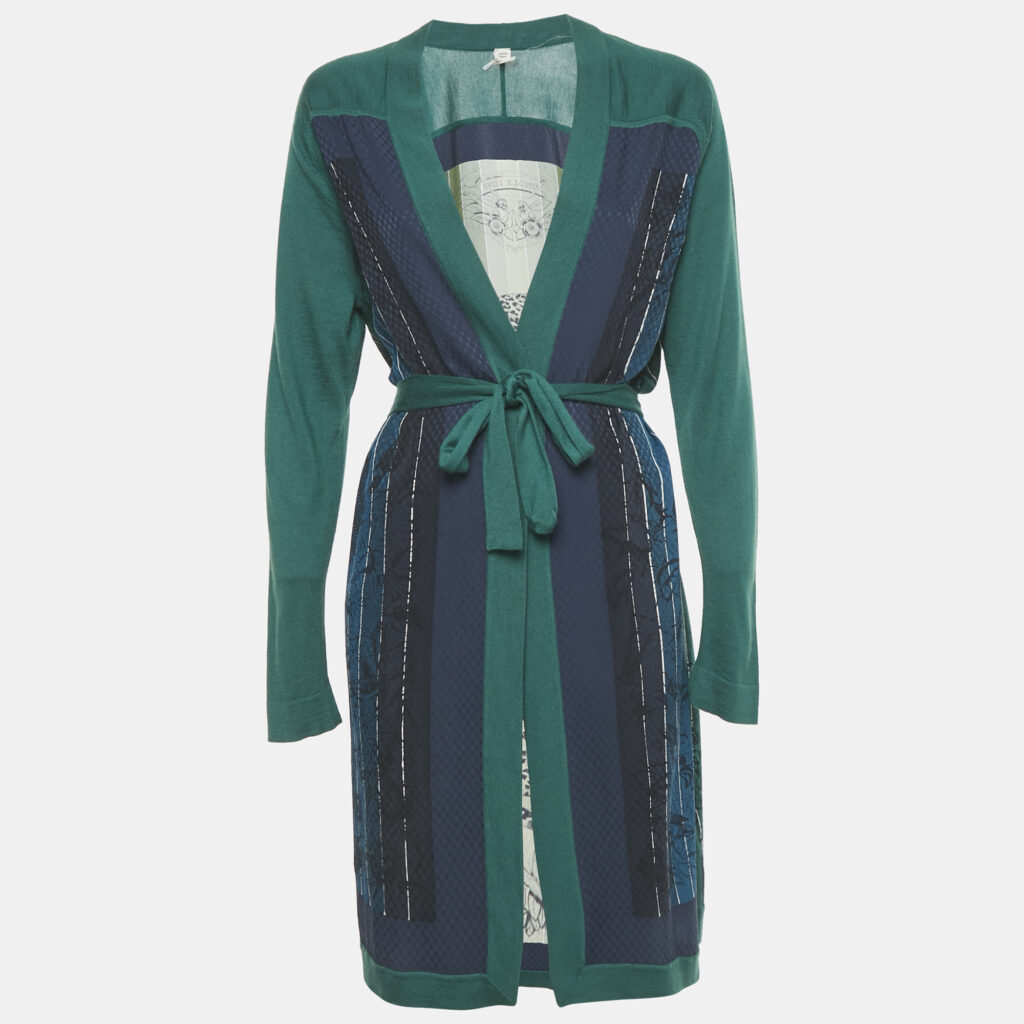Hermès Green Printed Cashmere and Silk Open Front Cardigan M Hermès Green Printed Cashmere and Silk Open Front Cardigan M