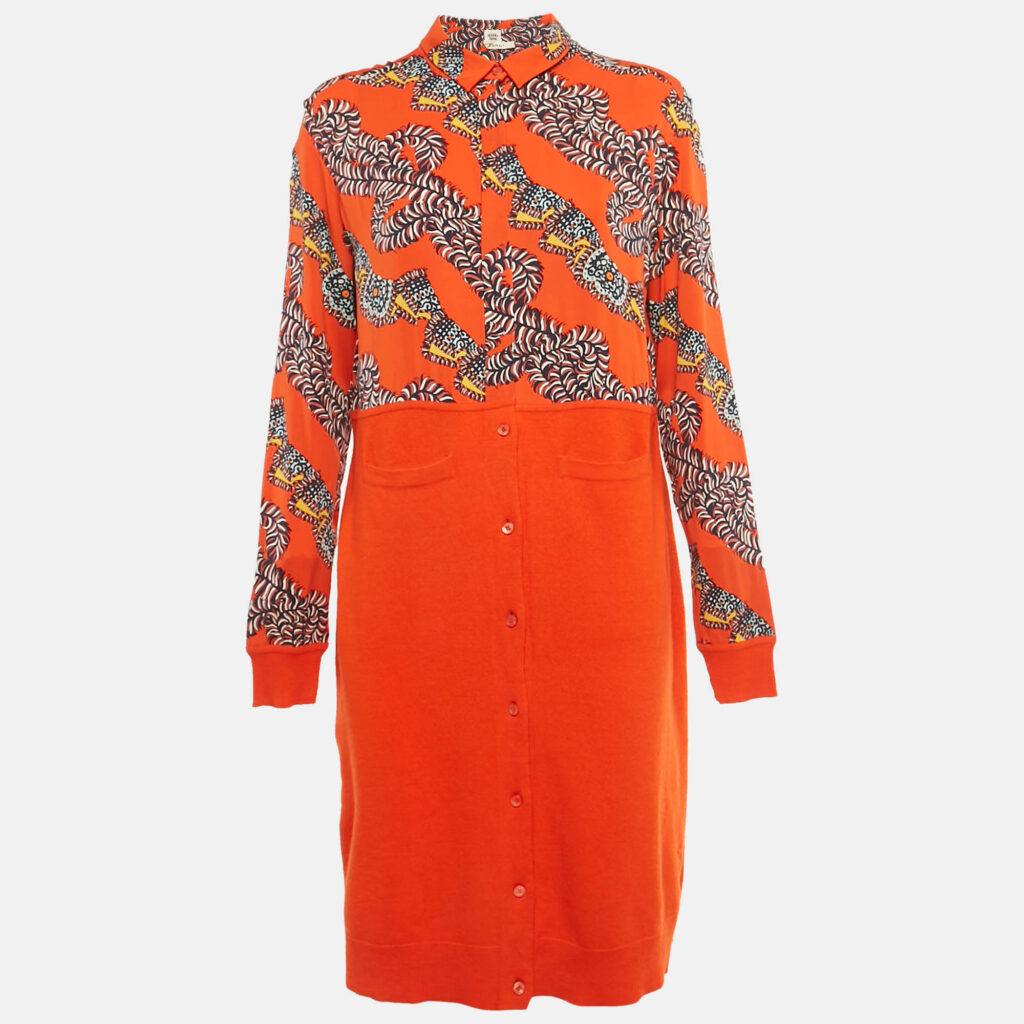 Hermès Orange Printed Silk & Wool Knit Button Front Dress L Hermès Orange Printed Silk & Wool Knit Button Front Dress L