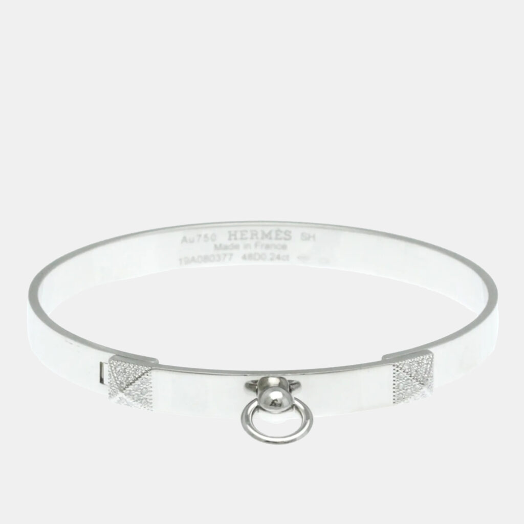 Hermes Collier de Chien Small 18K White Gold and Diamond Bangle Bracelet Hermes Collier de Chien Small 18K White Gold and Diamond Bangle Bracelet